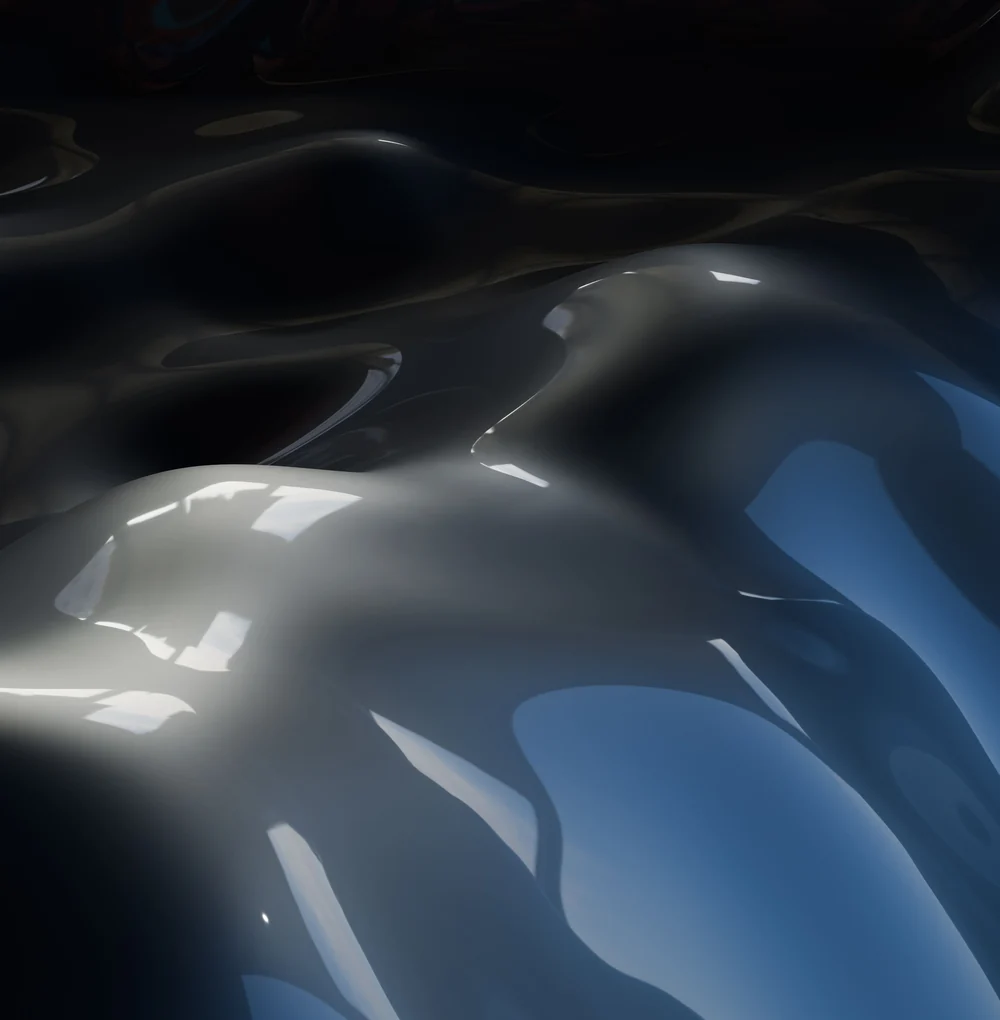 An abstract three dimensional render of a glossy dark liquid surface