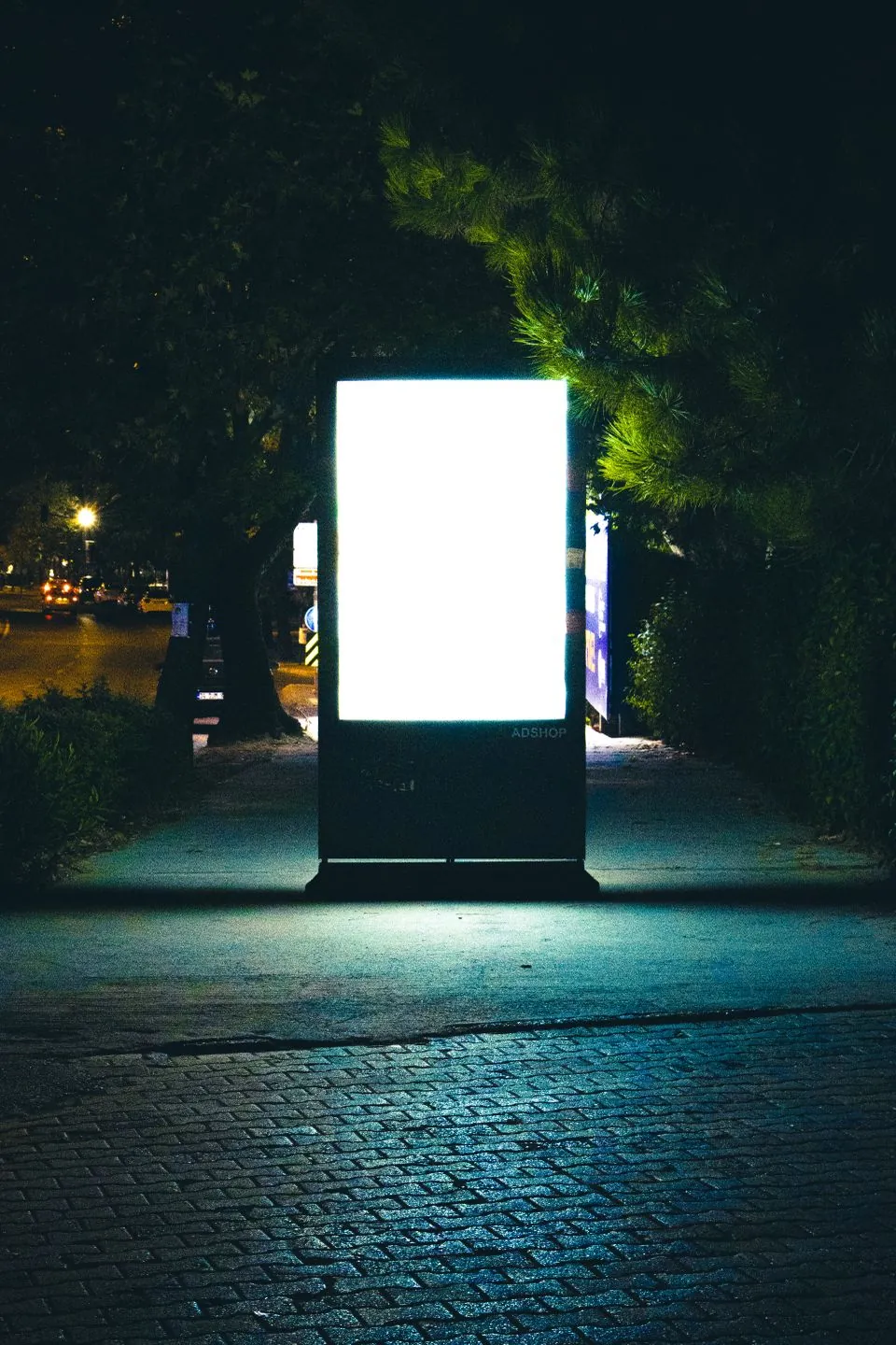 An illuminated blank advertising panel on a street at night